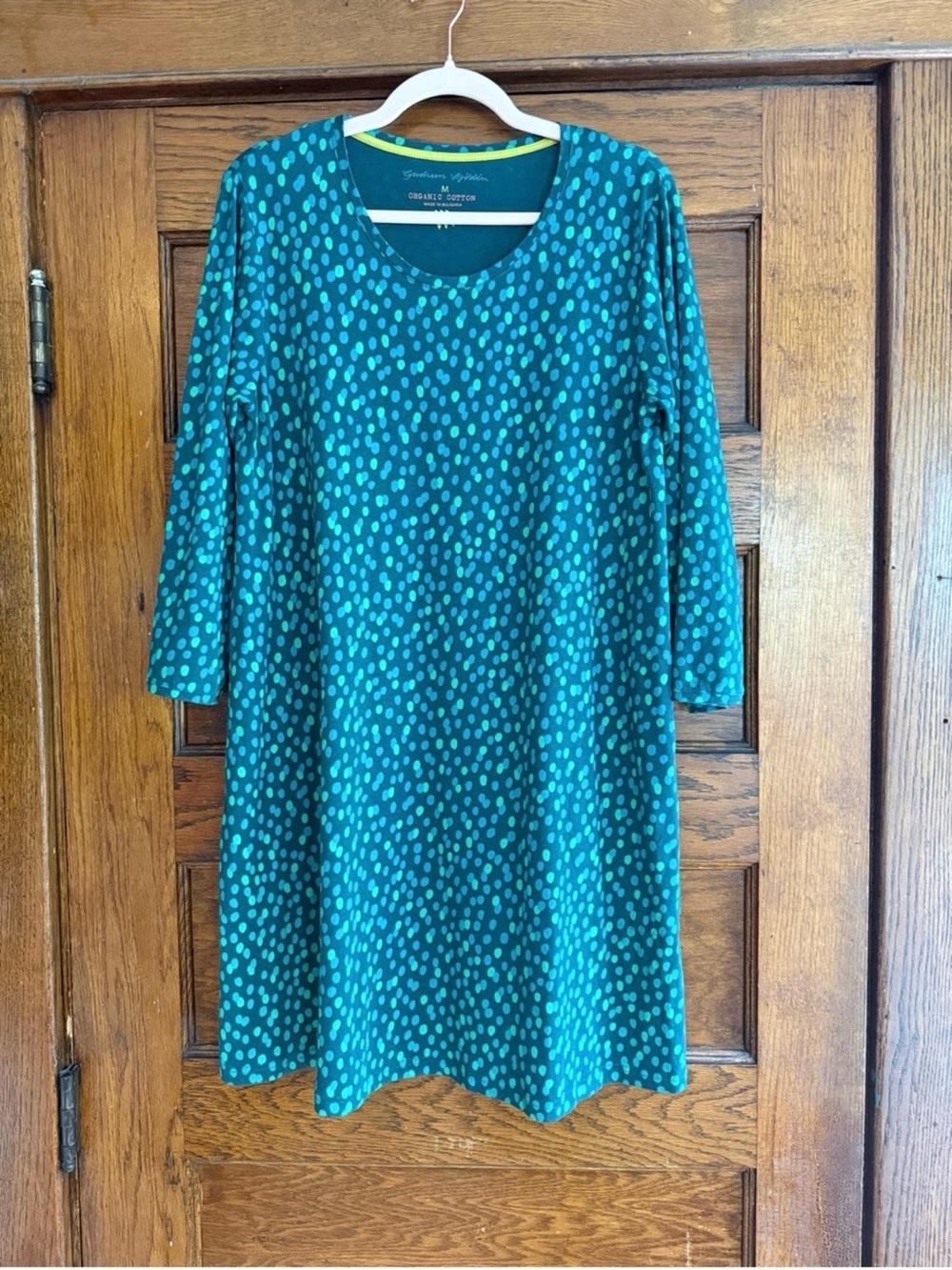 GUDRUN SJODEN Organic Cotton Polka Dot Tunic Dress Green Pockets Long Sleeve M